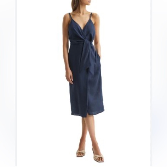 REISS | Esme Linen Dress navy 4 - Picture 4 of 14